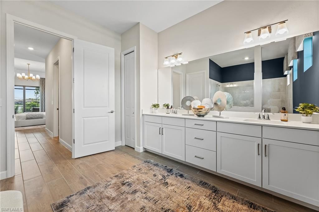 Bathroom, Dual Sink Vanities, Interior, Recessed Lighting, Wood Texture Flooring