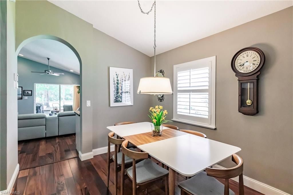 Dining room, Interior, Living room, Recessed Lighting, Wood Texture Flooring