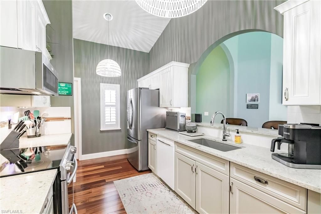 Interior, Kitchen, Pendant Lights, Stainless Steel Appliances, Wood Texture Flooring