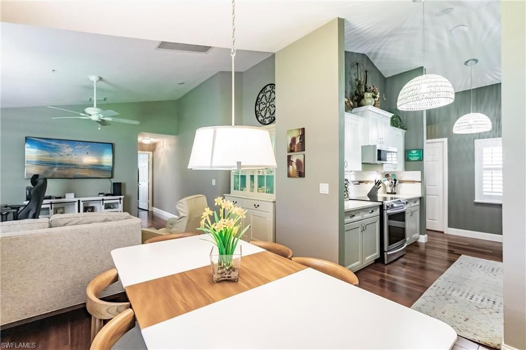 Dining room, Interior, Kitchen, Living room, Pendant Lights, Stainless Steel Appliances, Wood Texture Flooring