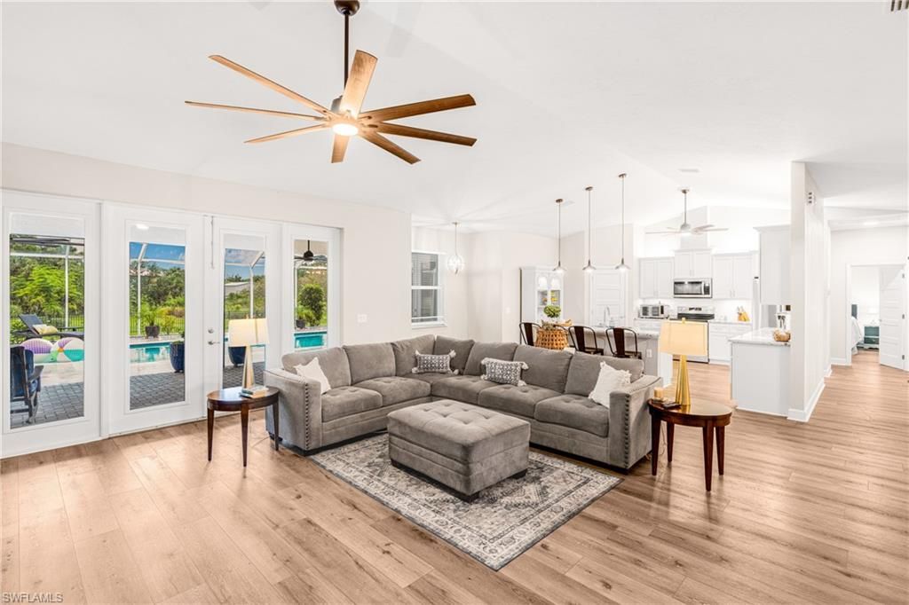 Dining room, Interior, Kitchen, Living room, Pendant Lights, Stainless Steel Appliances, Wood Texture Flooring