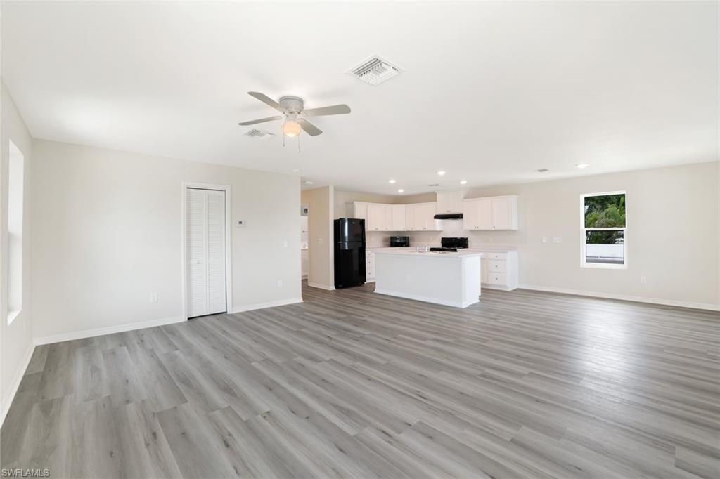 Empty room, Interior, Kitchen, Recessed Lighting, Wood Texture Flooring