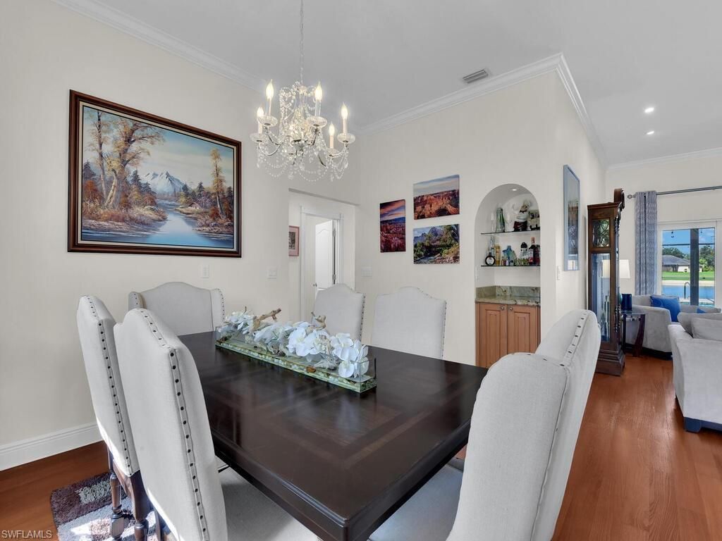 Chandelier, Dining room, Interior, Recessed Lighting, Wood Texture Flooring