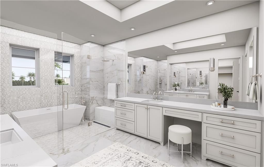 Bathroom, Dual Sink Vanities, Free Standing Baths, Glass Shower, Interior, Marble, Marble Walls, Recessed Lighting