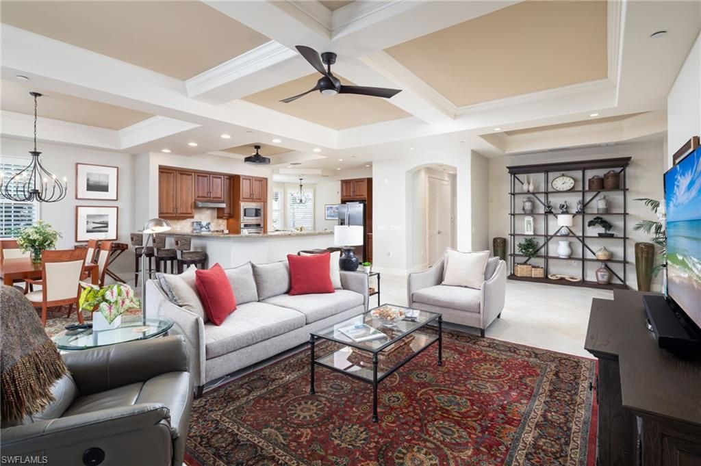 Chandelier, Dining room, Interior, Kitchen, Living room, Pendant Lights, Recessed Lighting, Stainless Steel Appliances