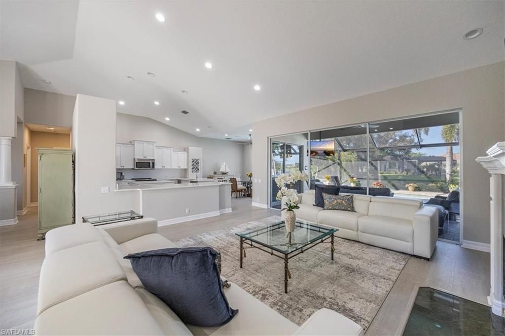 Fireplace, Interior, Kitchen, Living room, Recessed Lighting, Wood Texture Flooring