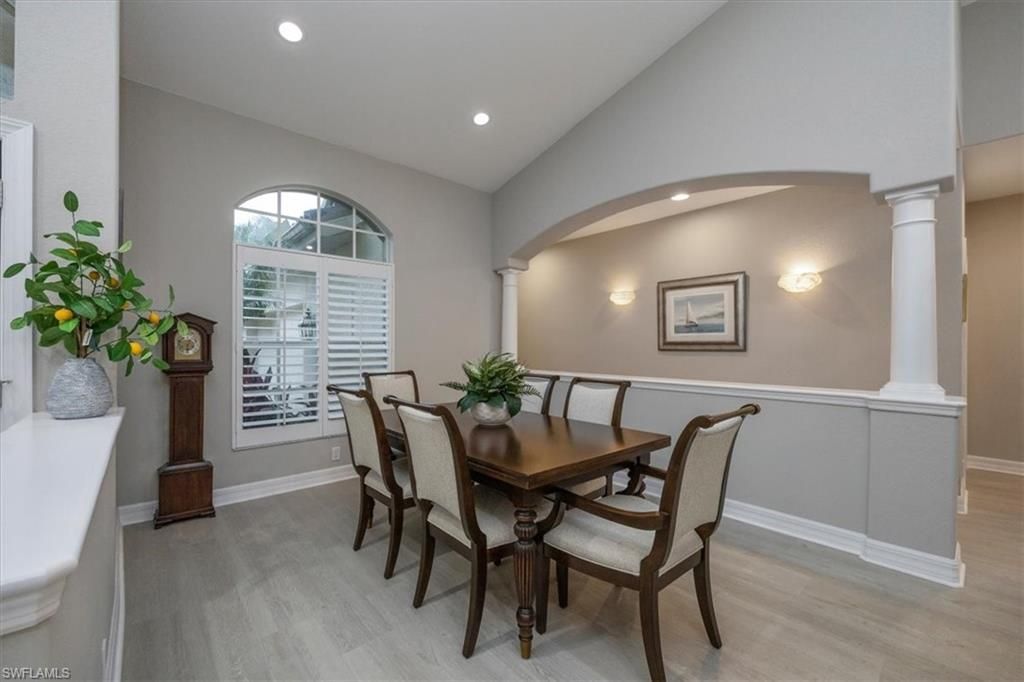 Dining room, Interior, Recessed Lighting, Wood Texture Flooring
