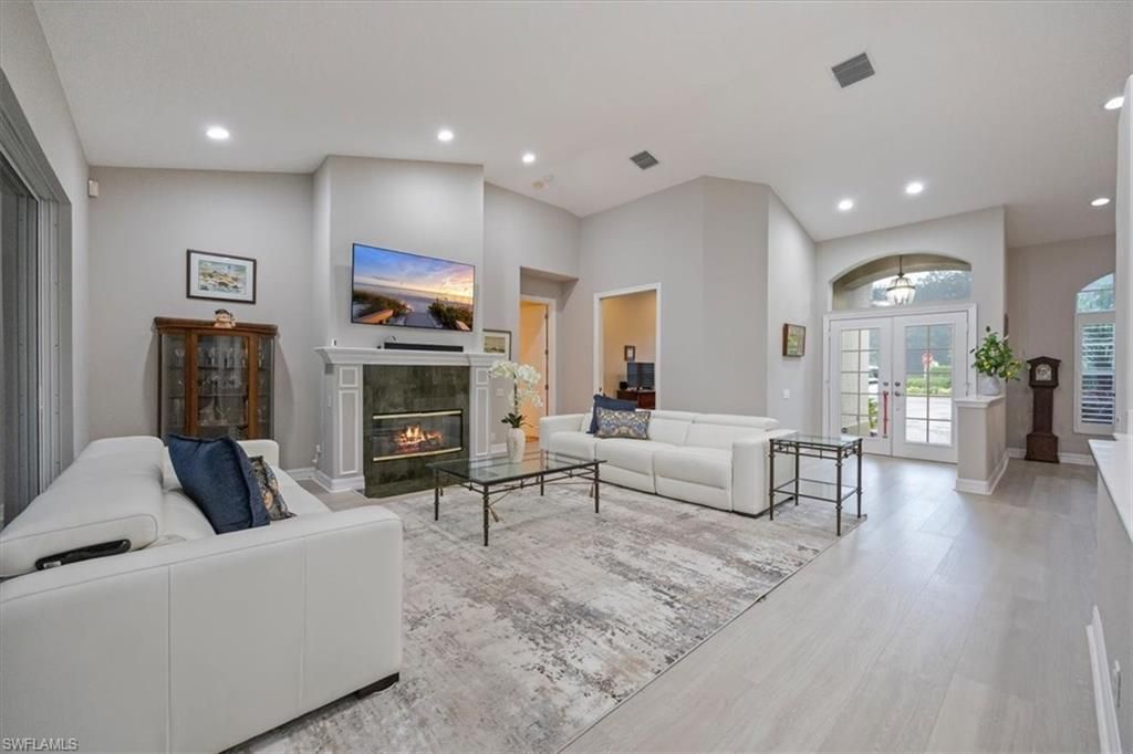 Fireplace, Interior, Living room, Recessed Lighting, Wood Texture Flooring