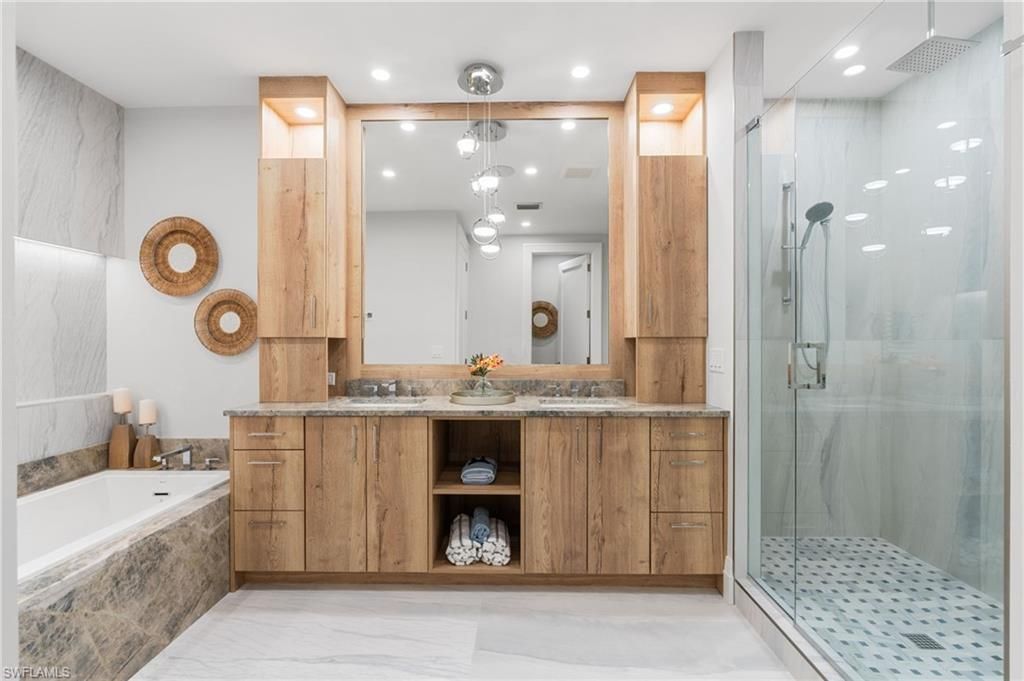 Bathroom, Glass Shower, Interior, Marble, Pendant Lights, Recessed Lighting