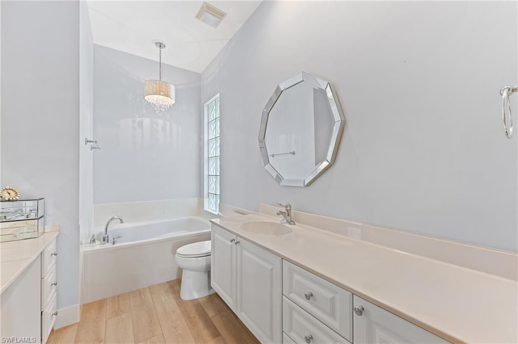 Bathroom, Chandelier, Interior, Pendant Lights, Wood Texture Flooring