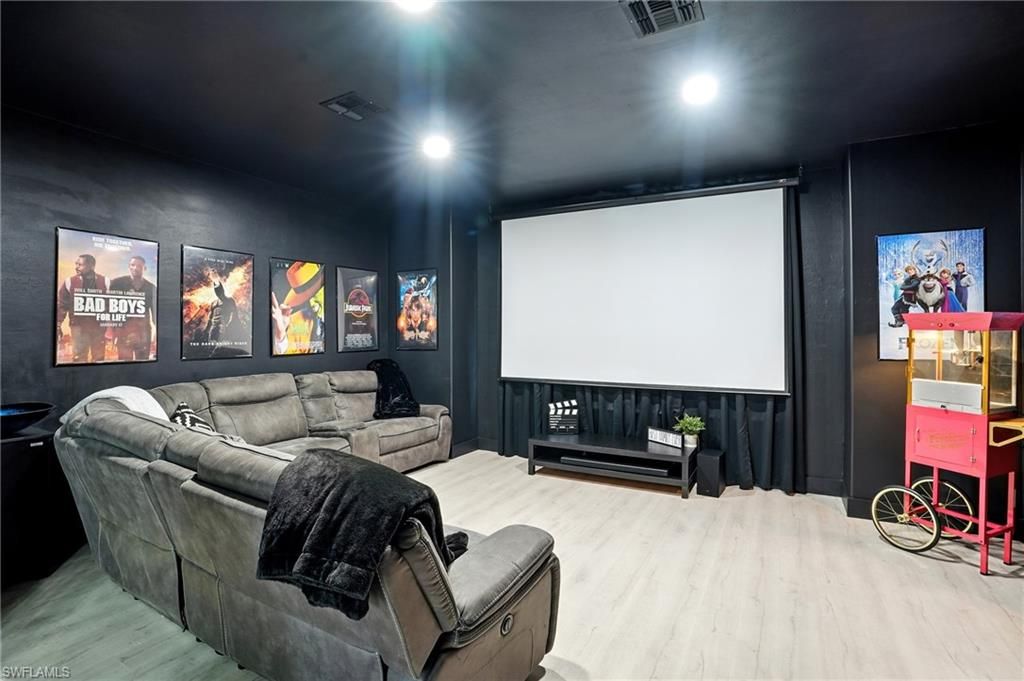 Interior, Projection Screen, Recessed Lighting, Theatre Room, Wood Texture Flooring