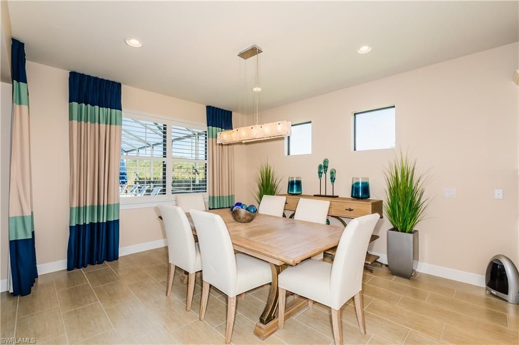 Dining room, Interior, Pendant Lights, Recessed Lighting, Wood Texture Flooring