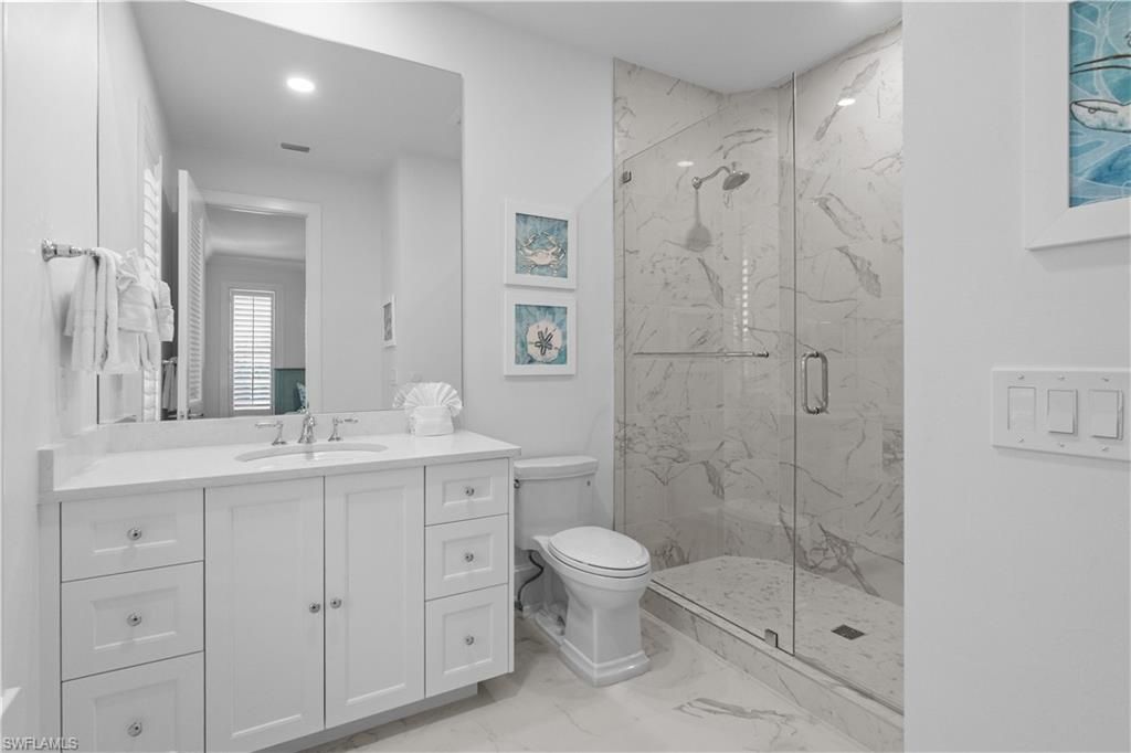 Bathroom, Glass Shower, Interior, Marble, Marble Walls, Recessed Lighting