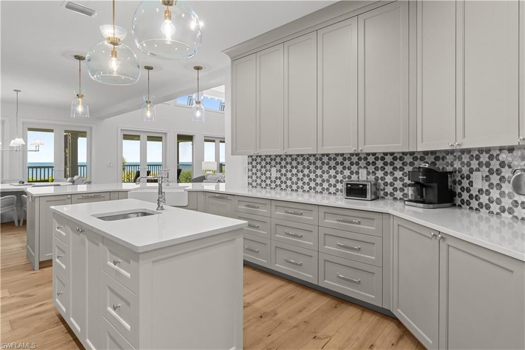 Interior, Kitchen, Pendant Lights, Water, Wood Texture Flooring