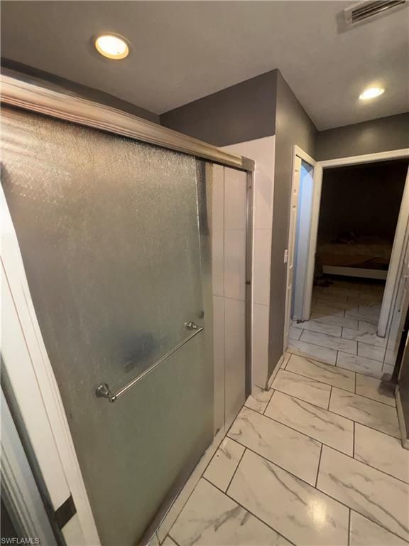 Bathroom, Glass Shower, Interior, Marble, Recessed Lighting