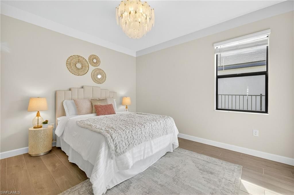 Bedroom, Chandelier, Interior, Wood Texture Flooring