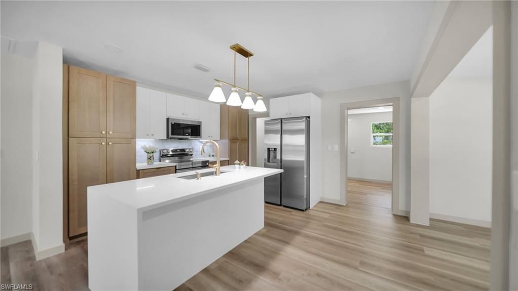 Interior, Kitchen, Pendant Lights, Stainless Steel Appliances, Wood Texture Flooring