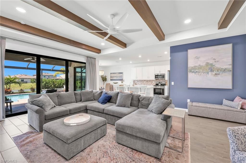 Interior, Kitchen, Living room, Recessed Lighting, Stainless Steel Appliances, Wooden Beams, Wood Texture Flooring