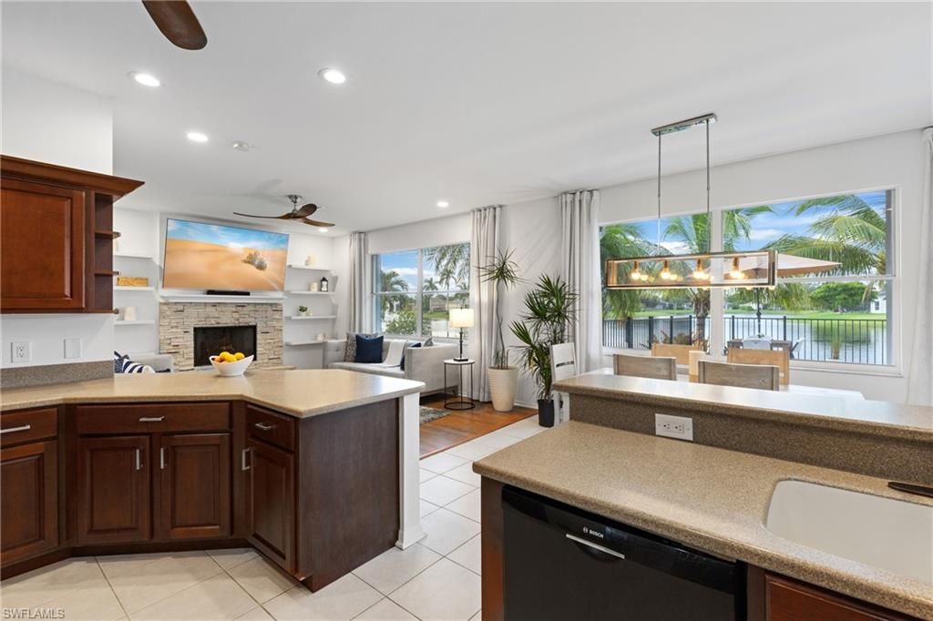 Dining room, Fireplace, Interior, Kitchen, Living room, Pendant Lights, Recessed Lighting, Water