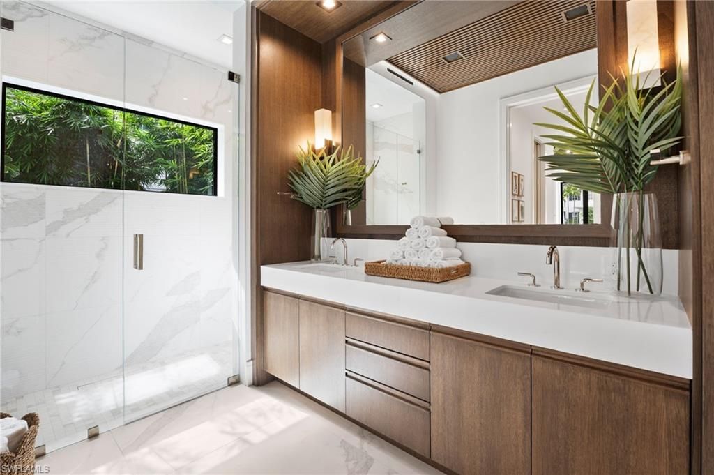 Bathroom, Glass Shower, Interior, Marble Walls, Recessed Lighting