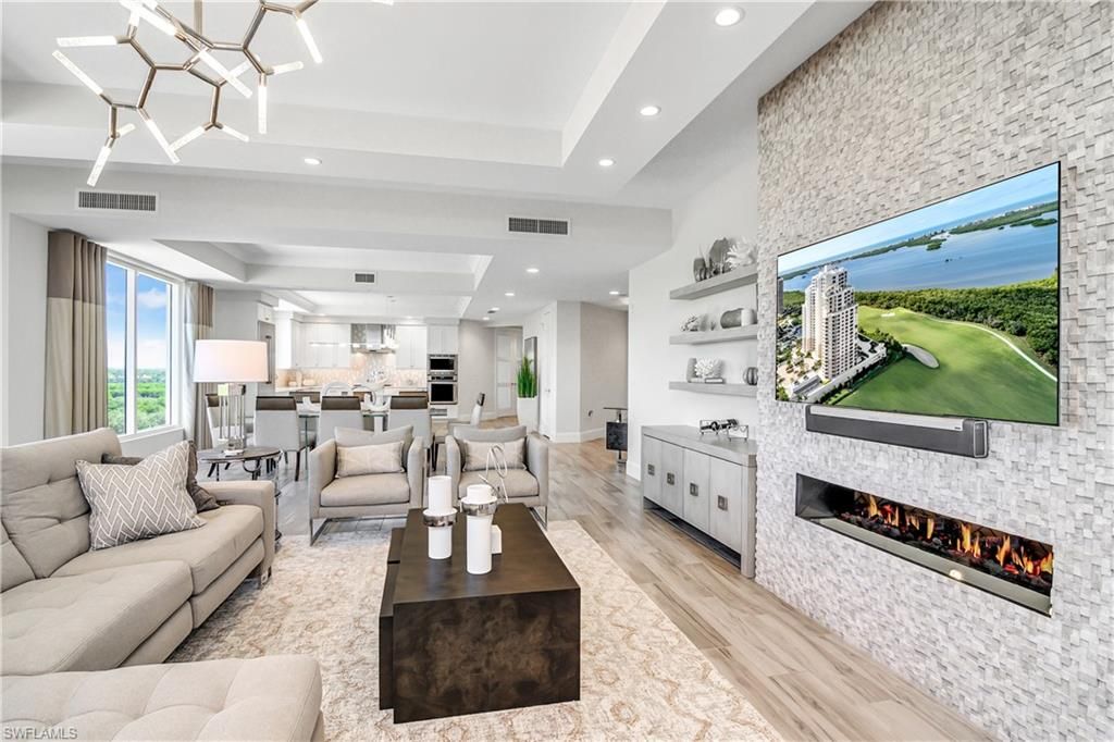 Dining room, Fireplace, Interior, Kitchen, Living room, Pendant Lights, Recessed Lighting, Stainless Steel Appliances, Stone Walls, Wood Texture Flooring