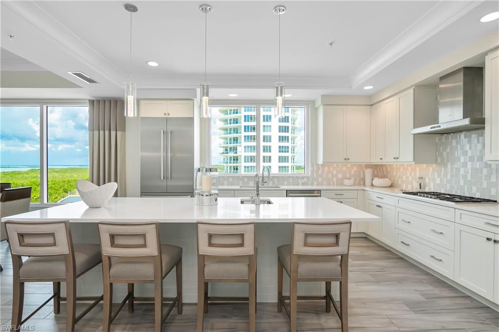 Interior, Kitchen, Pendant Lights, Recessed Lighting, Stainless Steel Appliances, Water, Wood Texture Flooring