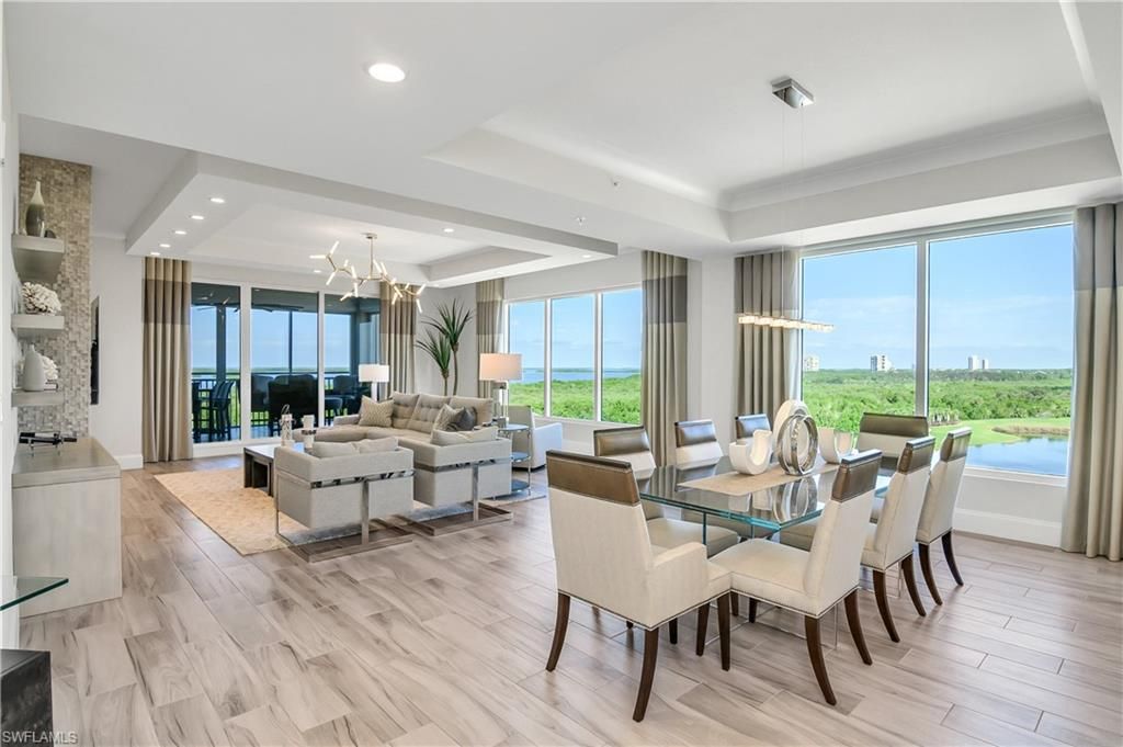 Dining room, Interior, Living room, Pendant Lights, Recessed Lighting, Water, Wood Texture Flooring