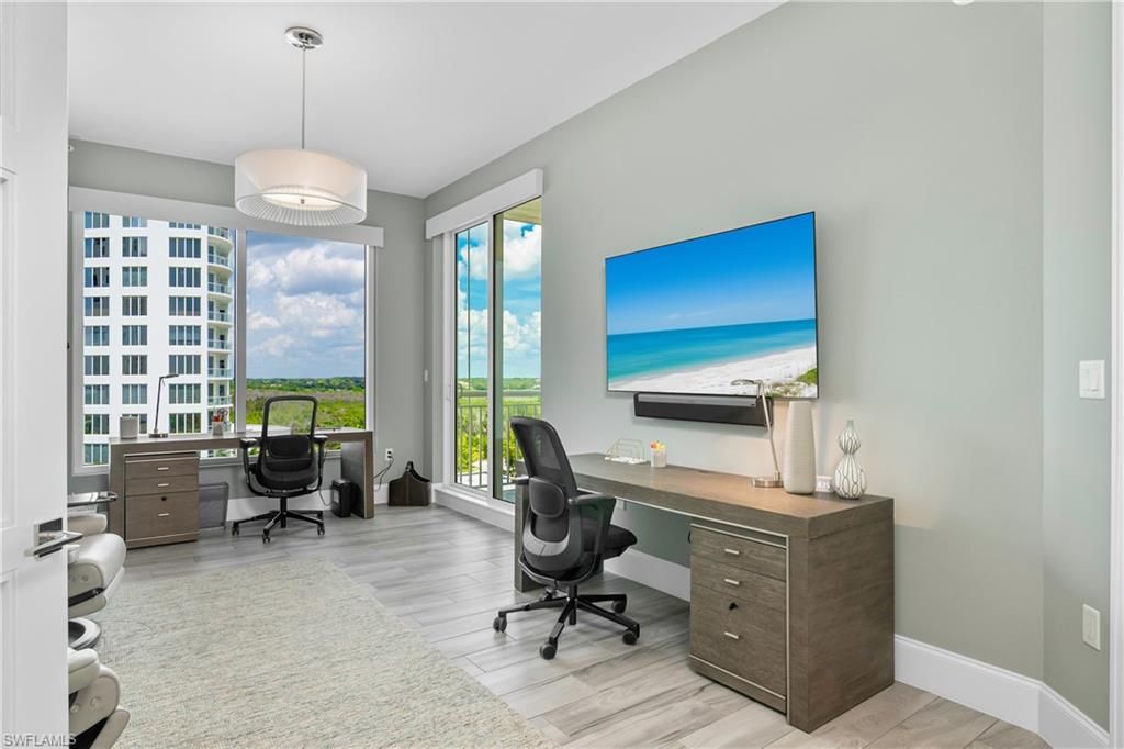 Home Office, Interior, Pendant Lights, Water, Wood Texture Flooring