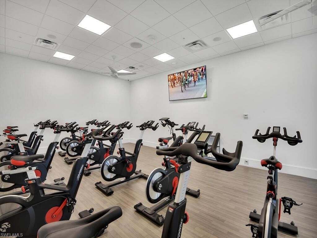 Fitness Equipment, Gym, Interior, Recessed Lighting, Wood Texture Flooring