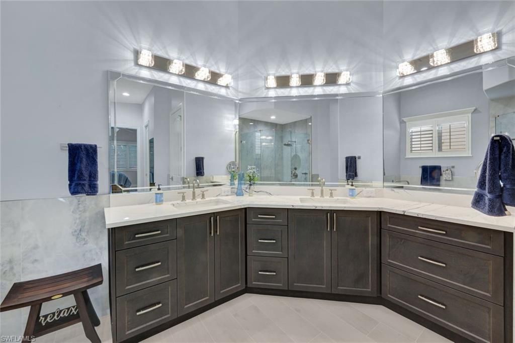Bathroom, Dual Sink Vanities, Glass Shower, Interior, Wood Texture Flooring