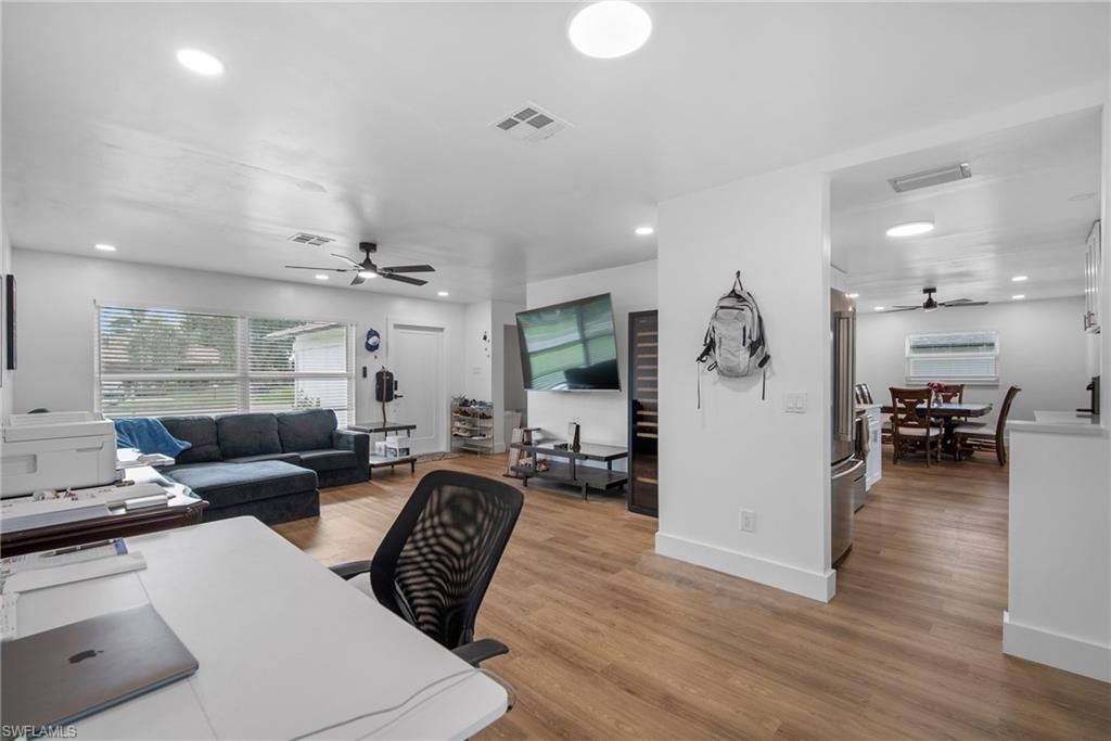 Dining room, Interior, Living room, Recessed Lighting, Wood Texture Flooring