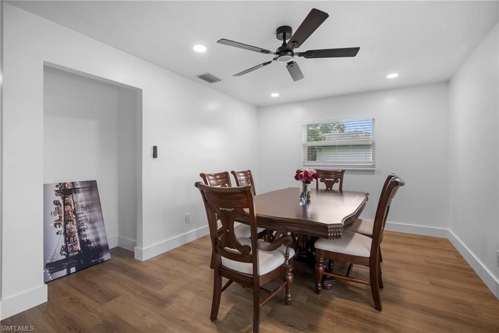 Dining room, Interior, Recessed Lighting, Wood Texture Flooring