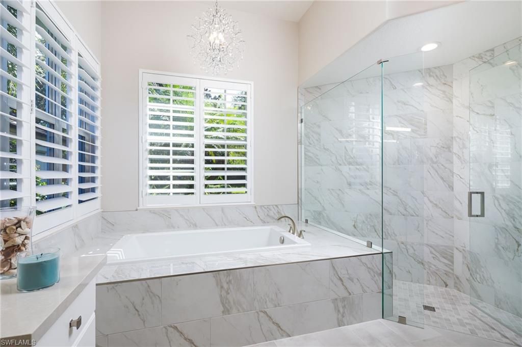 Bathroom, Chandelier, Glass Shower, Interior, Marble Walls, Recessed Lighting