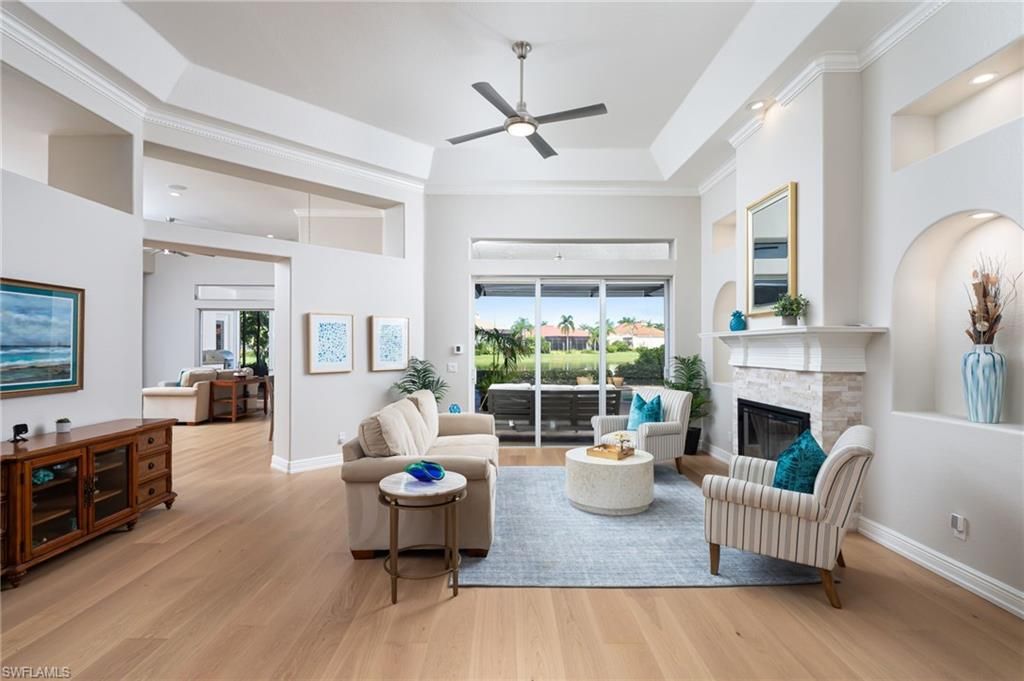 Fireplace, Interior, Living room, Recessed Lighting, Wood Texture Flooring
