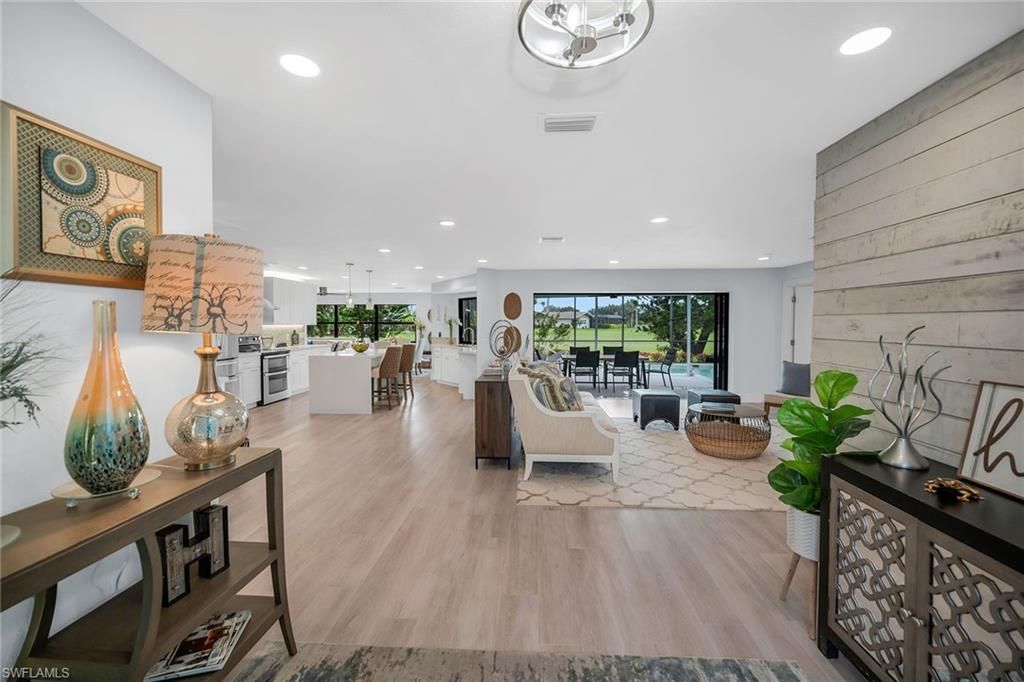 Dining room, Interior, Kitchen, Living room, Pendant Lights, Recessed Lighting, Wood Texture Flooring, Wooden Walls