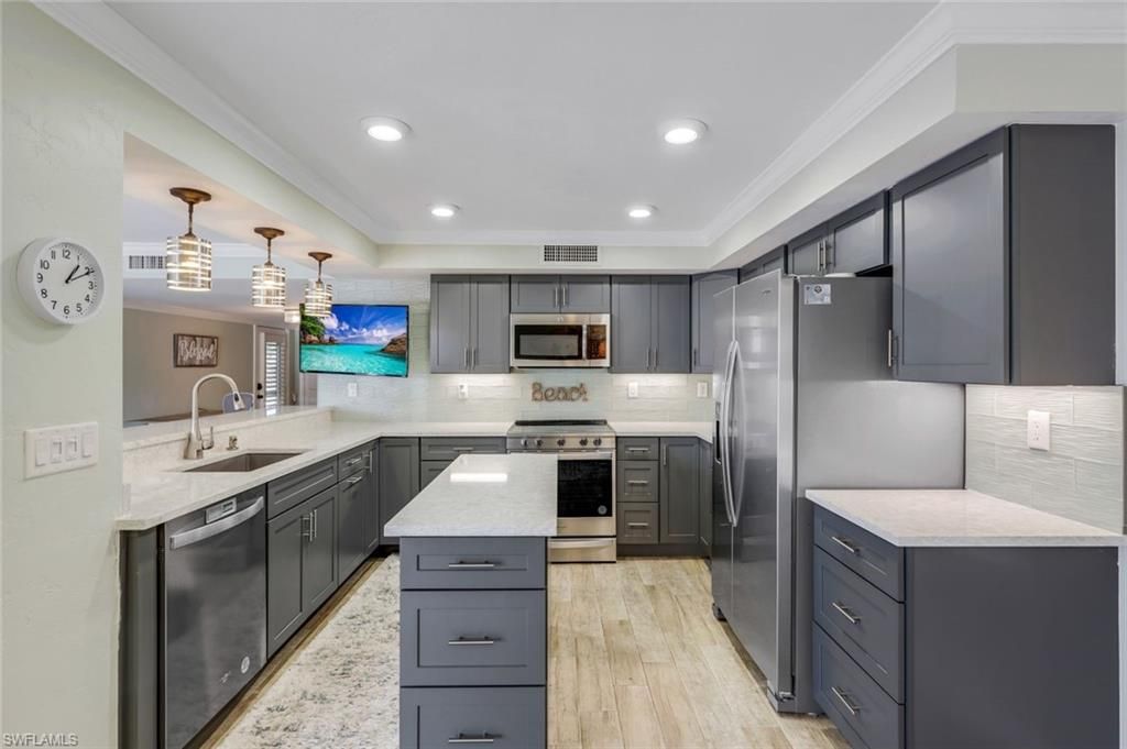 Interior, Kitchen, Pendant Lights, Recessed Lighting, Stainless Steel Appliances, Wood Texture Flooring