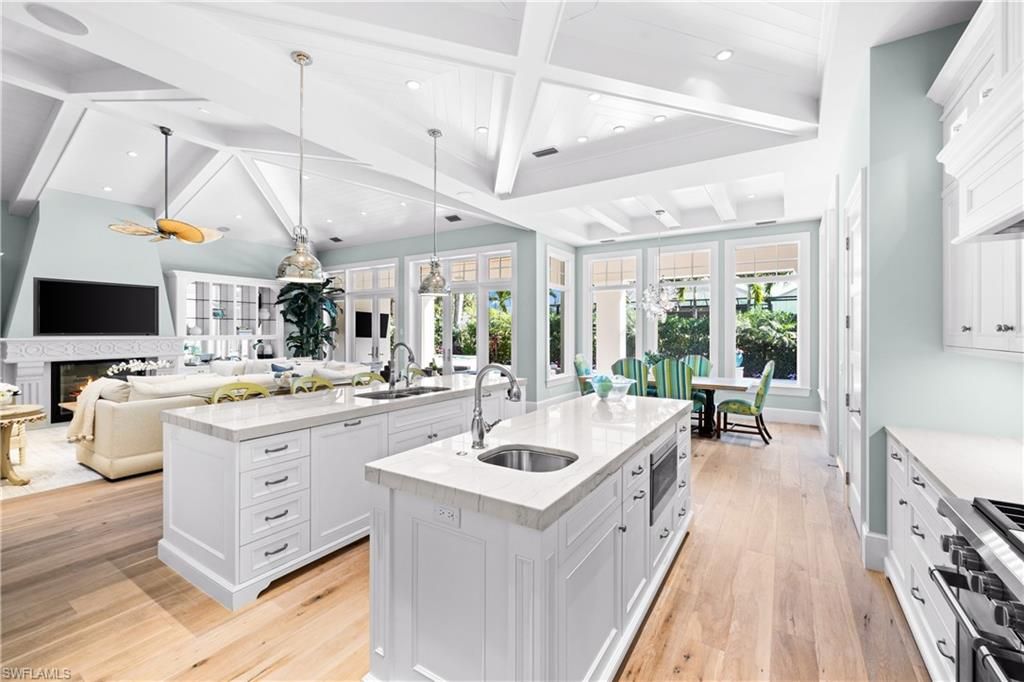 Dining room, Fireplace, Interior, Kitchen, Living room, Pendant Lights, Recessed Lighting, Wood Texture Flooring