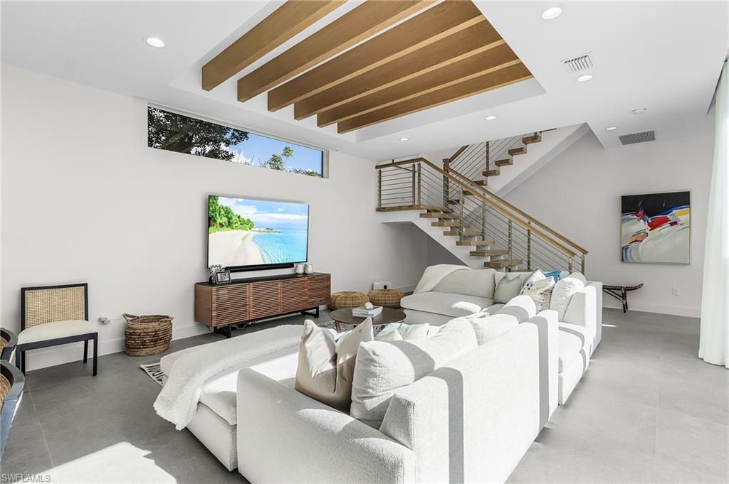 Interior, Living room, Recessed Lighting, Wooden Beams