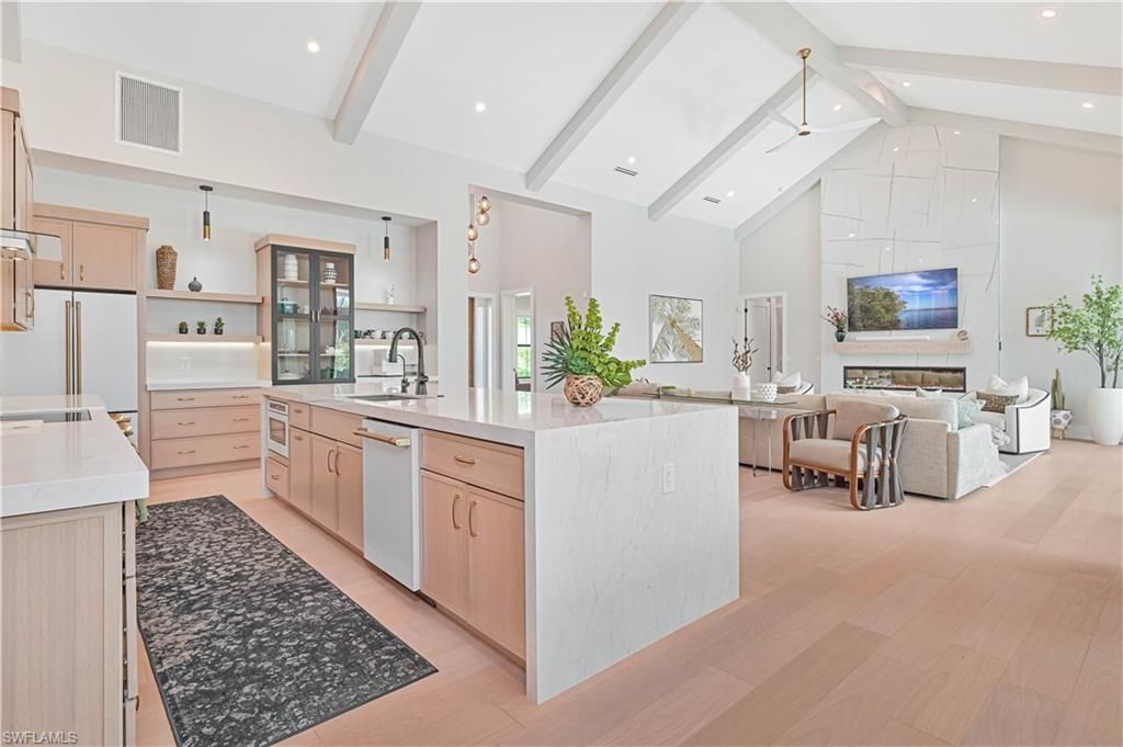 Fireplace, Interior, Kitchen, Living room, Recessed Lighting, Wood Texture Flooring