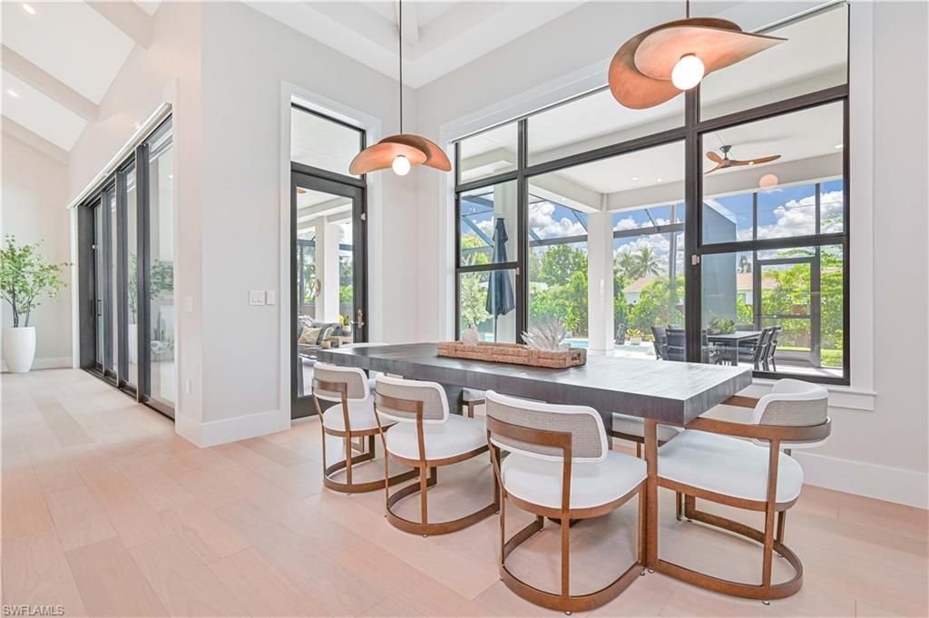 Dining room, Interior, Pendant Lights, Sun Room, Wood Texture Flooring