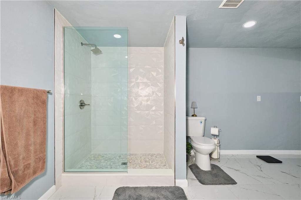 Bathroom, Glass Shower, Interior, Marble, Recessed Lighting