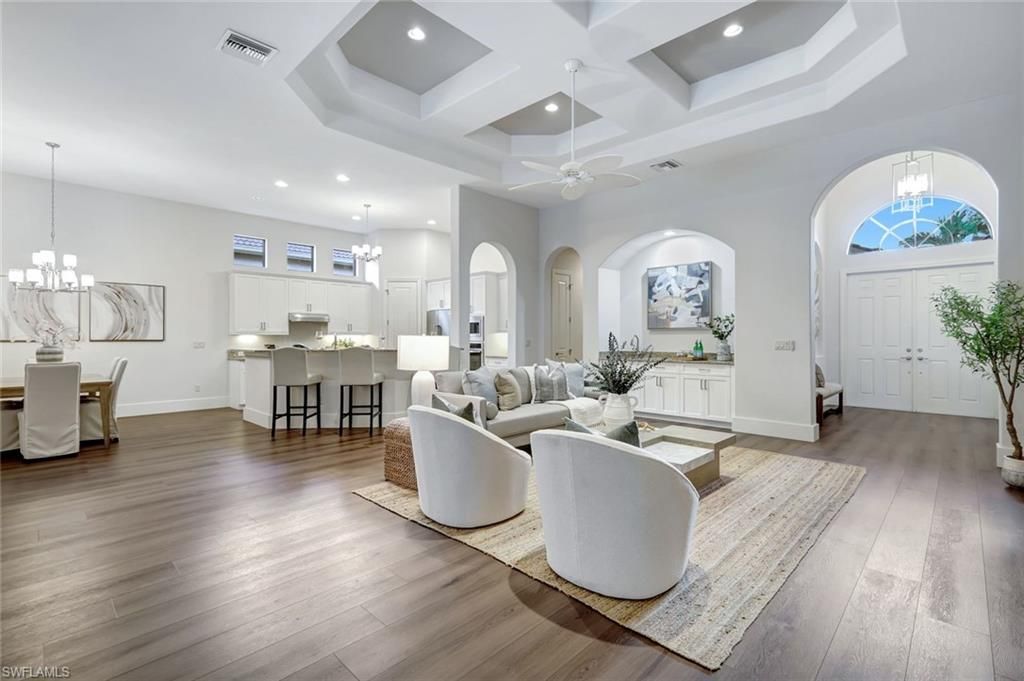 Chandelier, Dining room, Interior, Kitchen, Living room, Pendant Lights, Recessed Lighting, Wood Texture Flooring