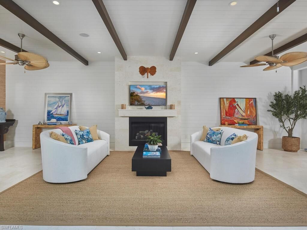 Fireplace, Interior, Living room, Recessed Lighting, Stone Walls, Wooden Beams