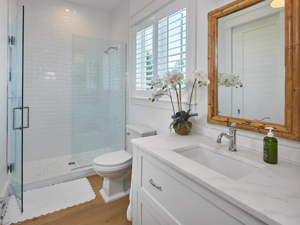 Bathroom, Glass Shower, Interior, Wood Texture Flooring