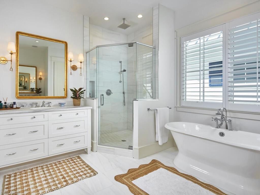 Bathroom, Dual Sink Vanities, Free Standing Baths, Glass Shower, Interior, Marble, Recessed Lighting