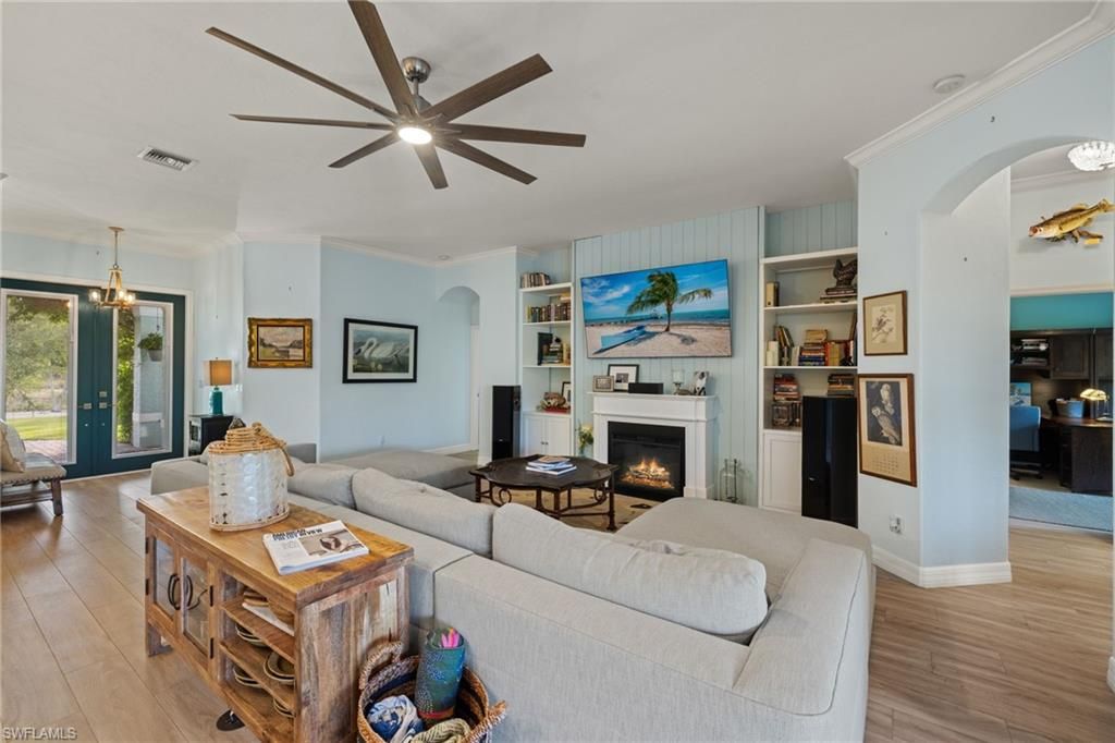 Fireplace, Interior, Living room, Pendant Lights, Wood Texture Flooring