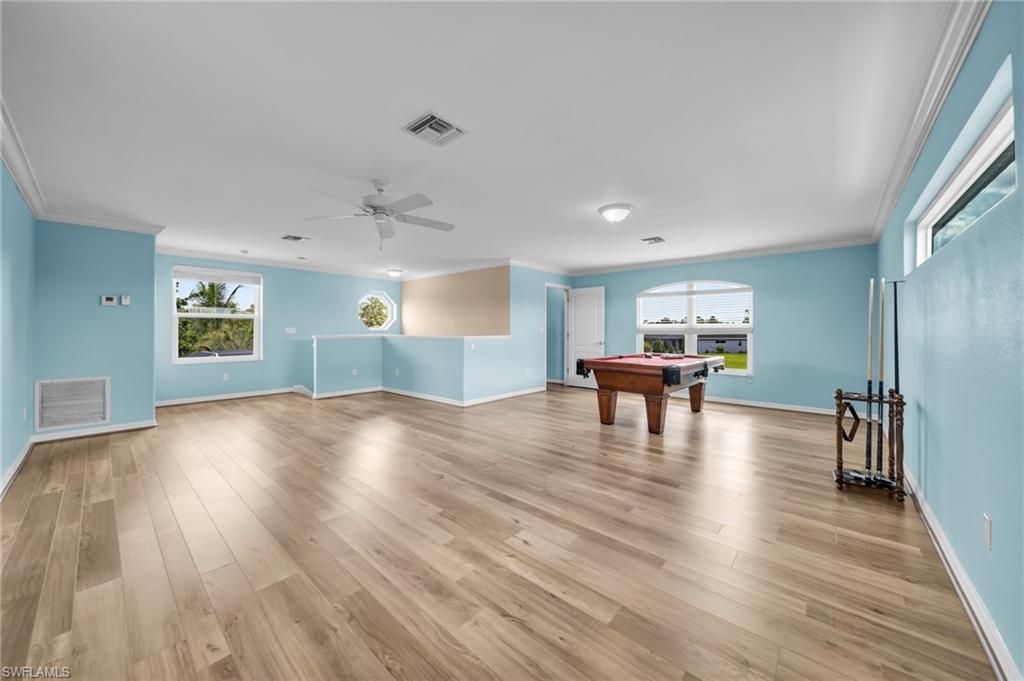 Billiard Table, Game Room, Interior, Recessed Lighting, Wood Texture Flooring