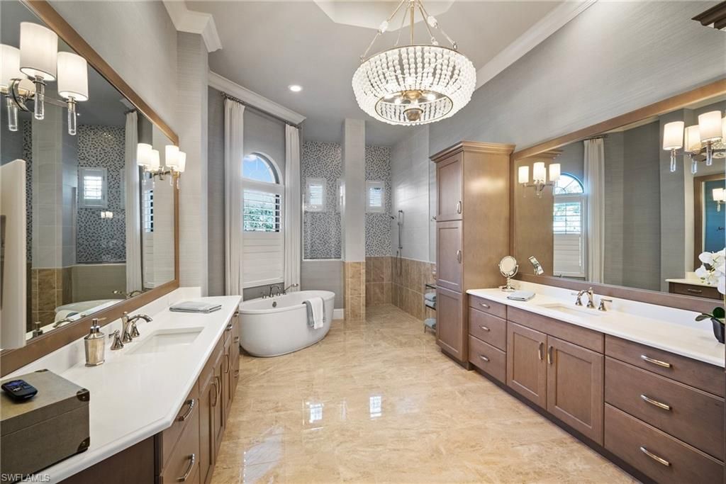 Bathroom, Chandelier, Dual Sink Vanities, Glass Shower, Interior, Recessed Lighting