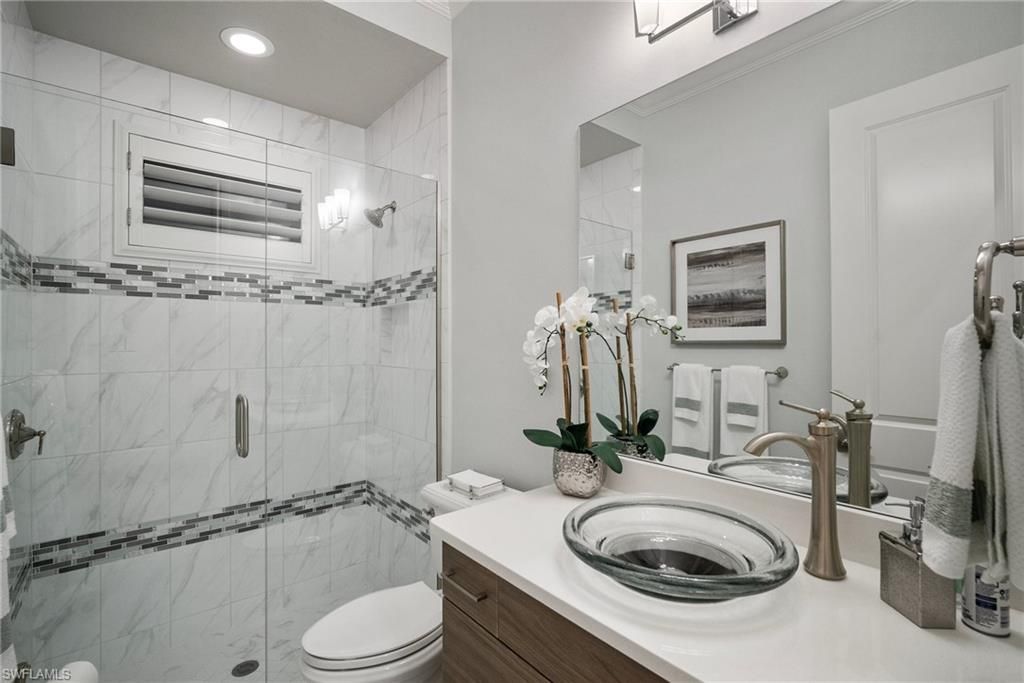Bathroom, Glass Shower, Interior, Marble Walls, Recessed Lighting