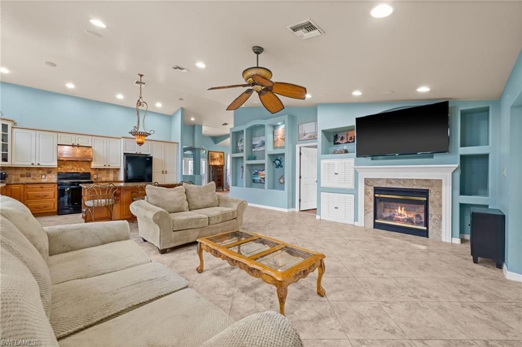 Fireplace, Interior, Kitchen, Living room, Pendant Lights, Recessed Lighting